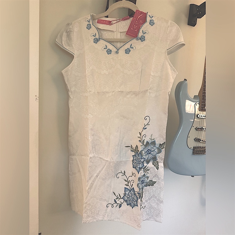 Cheongsam Dress with Blue Floral Embroidery size 8